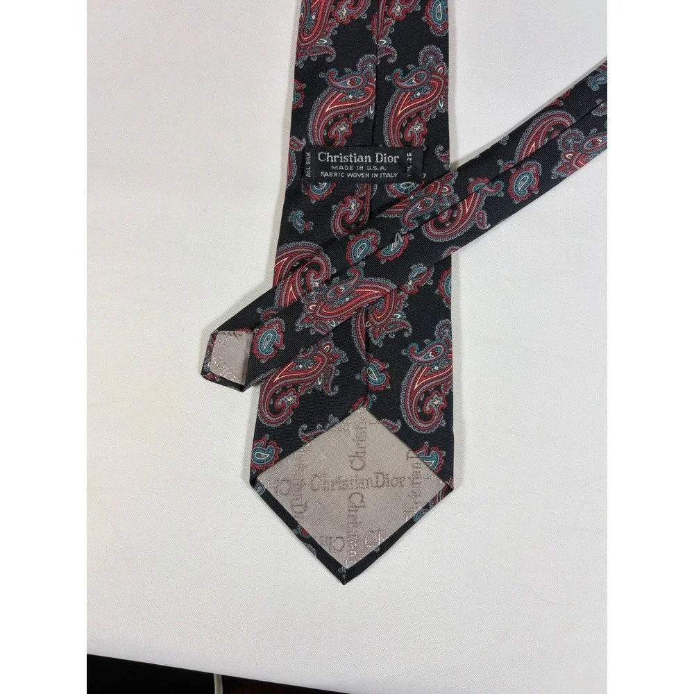 Christian‎ Dior Vintage 90s Silk Paisley Tie Red Teal Black Preppy Dark Academia